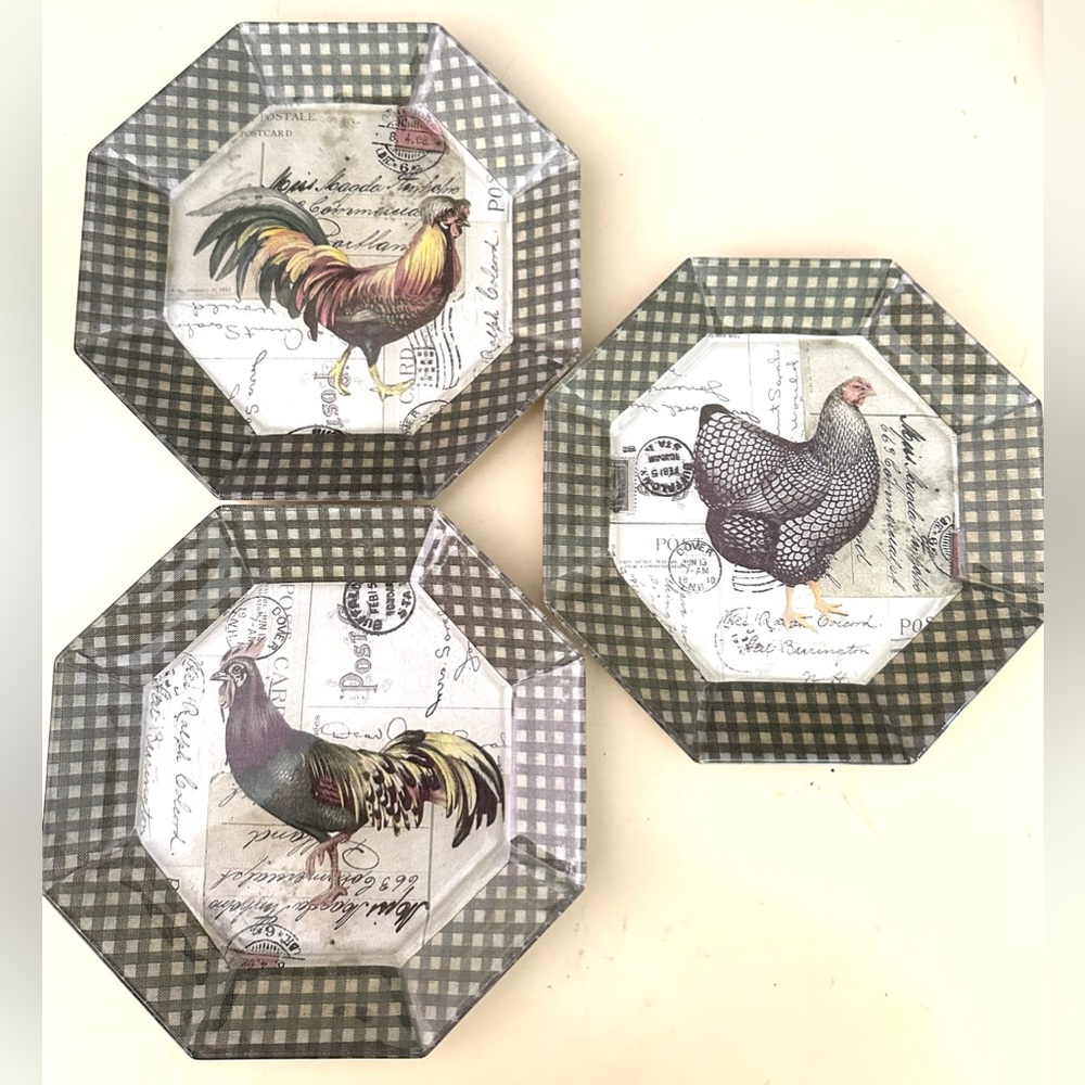 NEW Paula Scaletta SBCD Octagonal Rooster Glass Decoupage Plates Set Signed RARE